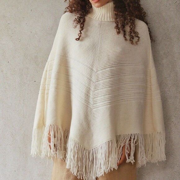 Banana Republic Womens Merino Wool Turtleneck Fringe Poncho Sweater Cream - M/L - Picture 14 of 14